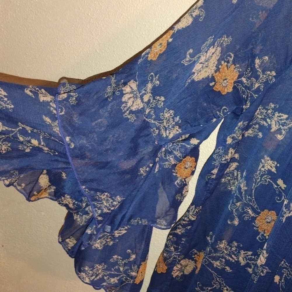 Free People Navy Blue Floral Sunsetter Mini Dress/Tunic Bell Sleeves M - Picture 4 of 6